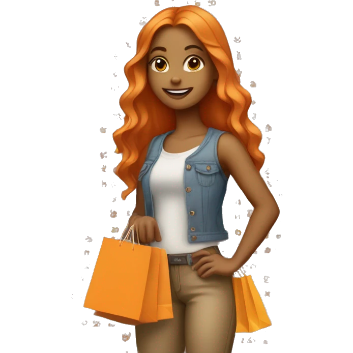 Tan girl with long orange hair wearing cute outfit holding shopping bags emoji