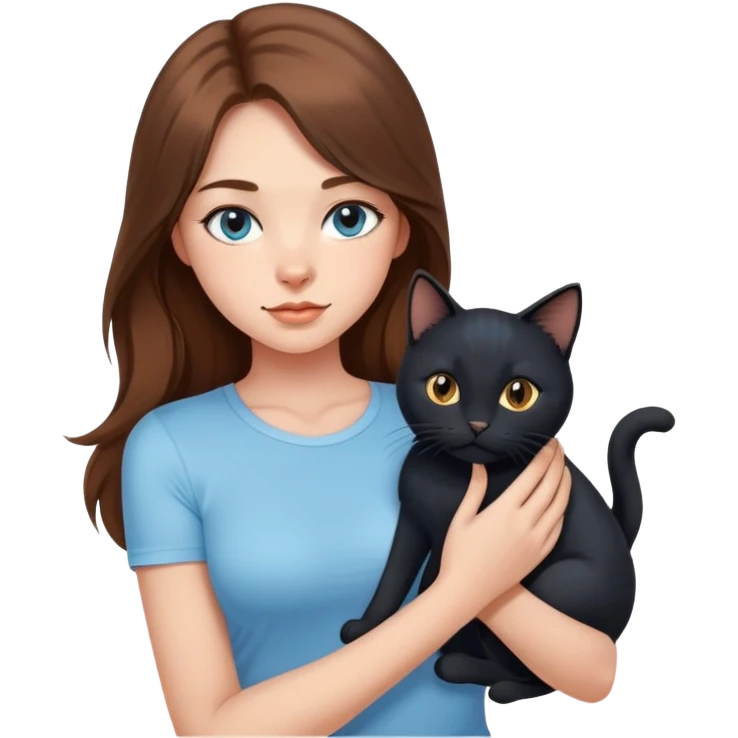 A sexy girl with long hair wearing a light blue tight short-sleeved shirt holding a black cat emoji
