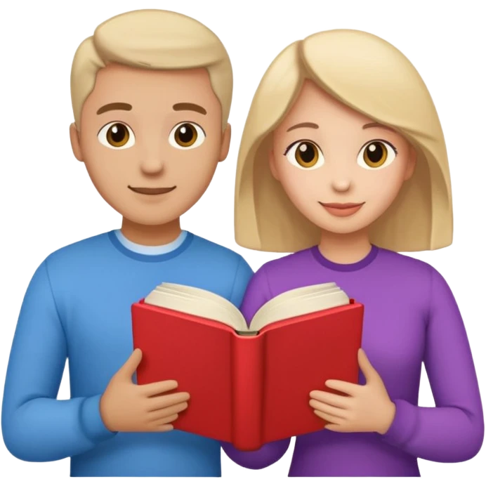 A man and a woman facing each other, both holding a single book together. From the book, colorful heart emojis are popping out playfully, creating a cheerful and romantic atmosphere emoji