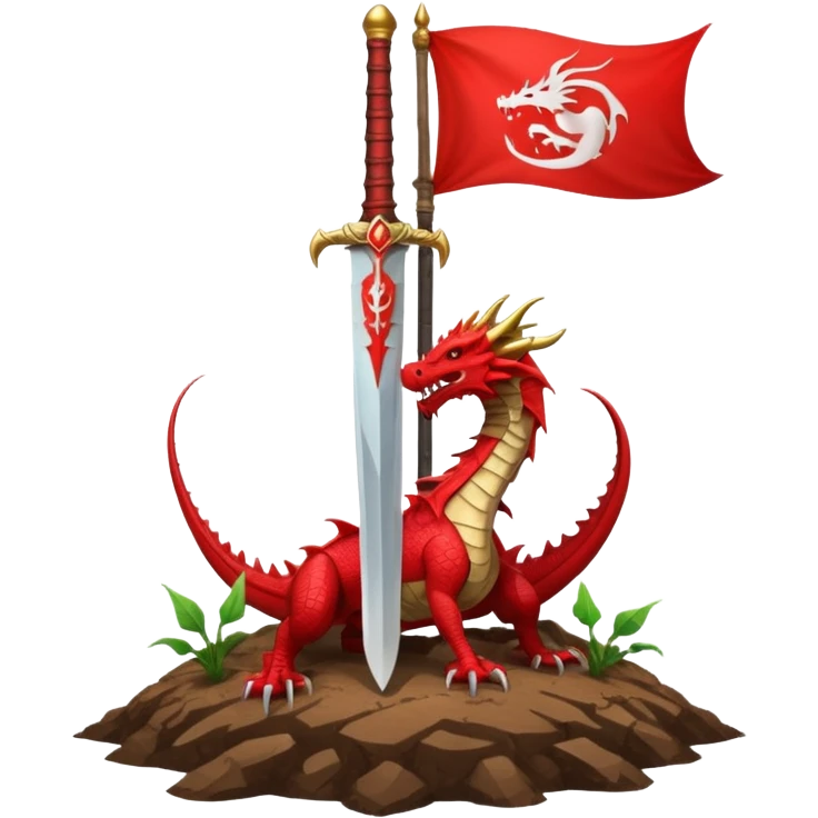 WhatsApp style emoji of a huge sword planted in the earth with a red banner with a dragon head waving behind it symbolizing preparation for battle and the start of a hunt clean epic transparent background emoji