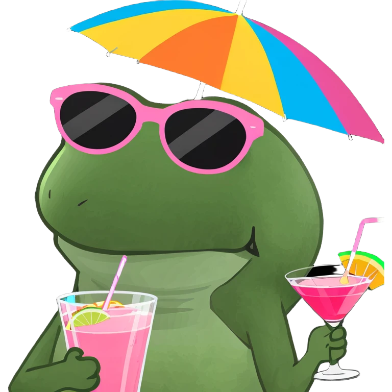Bufo frog in a jumping pose, with rainbow umbrella hat, oversized sunglasses, holding a pink cocktail, classic Bufo meme style emoji