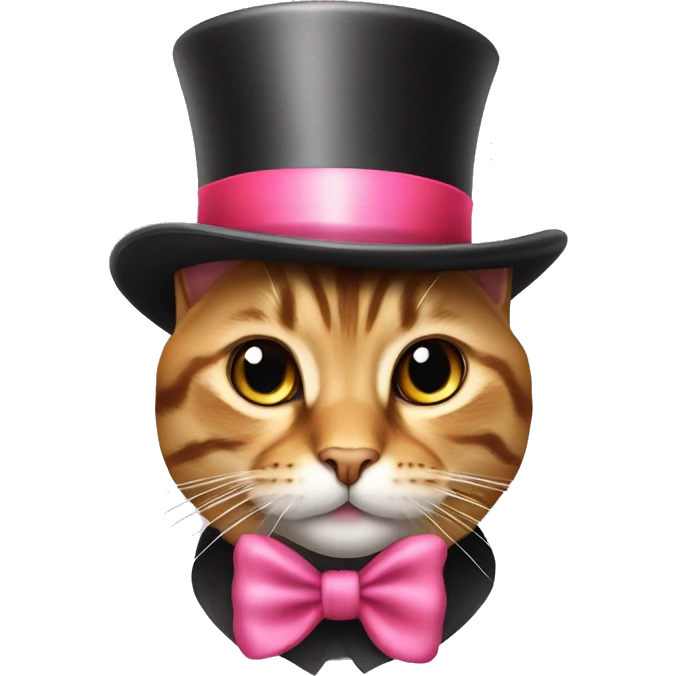 A tabby cat wearing a top hat that’s pink with a. Red bow emoji