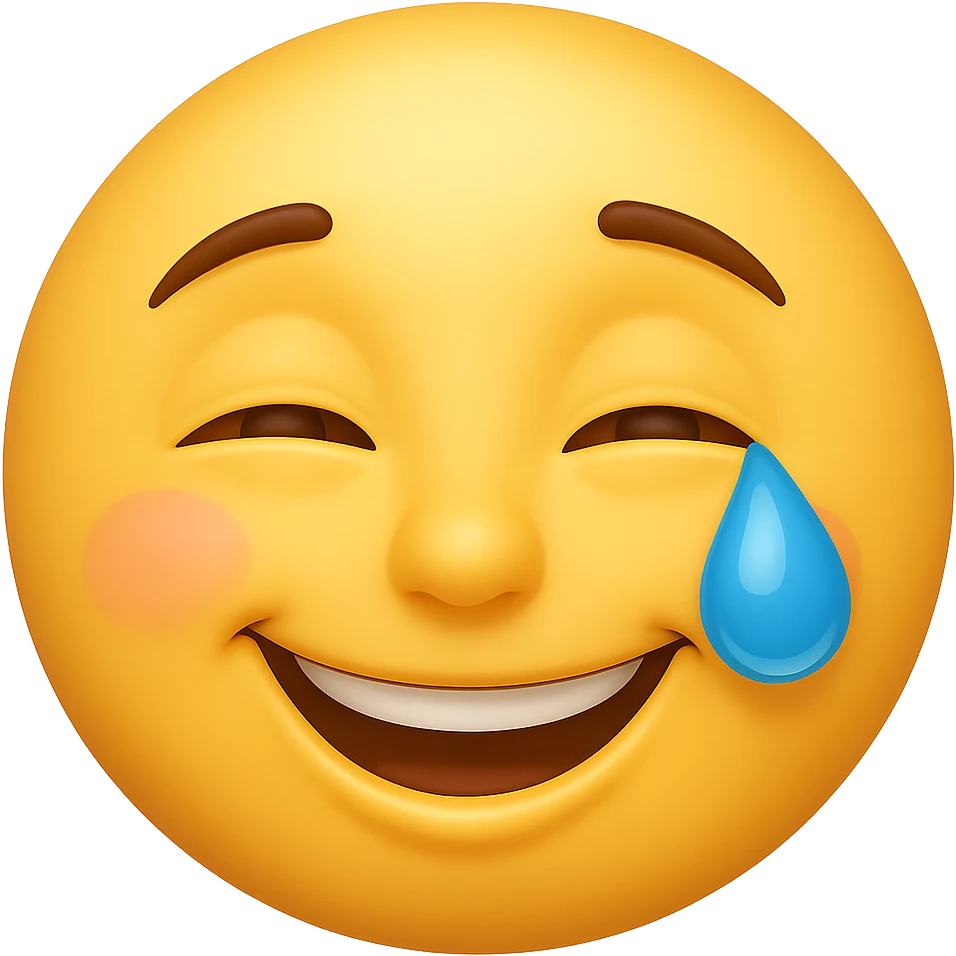 Edit the classic yellow emoji face to make the smile slightly brighter and add a single tear in one eye, keeping the cheerful but weary expression. No background. emoji