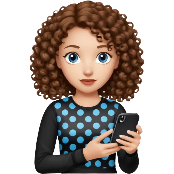generate a pretty woman with blue eyes, light skin and medium brown curly shiny hair holding an iphone with a black and white polka dot case. she is looking at the phone and holding it in her hand. she is wearing a black long sleeve emoji