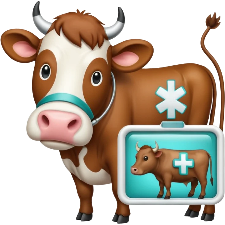 Emoji-style icon of a cow and buffalo with a medical cross and scan frame overlay, representing disease detection and health analysis. Friendly, clean, rounded design, clear at small sizes, teal and white accents, no text, transparent background. emoji