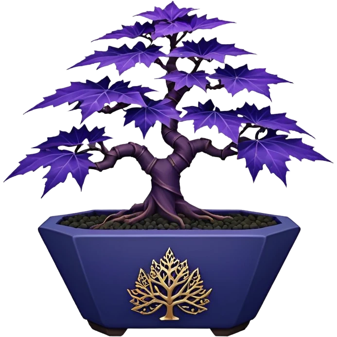  small short cascading black indigo bonsai pot plant purple  filigree-leaf maple with triangular angular multi-hexagon faceted asymmetrical originally shaped body  emoji