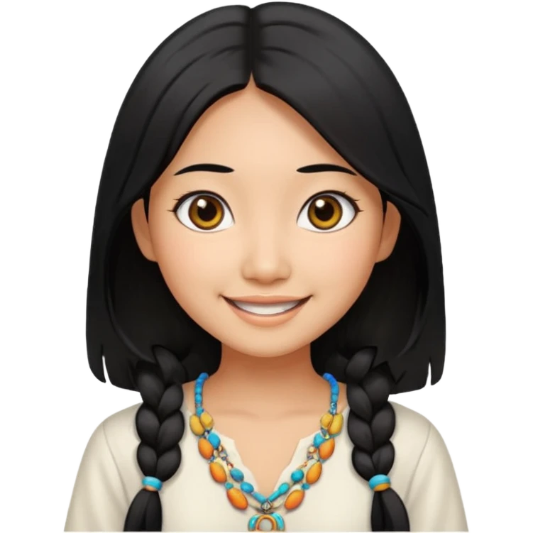 30 yr old asian woman center parted hair big eyes big smile tanned skin straight black hair hippie part hair white blouse emoji