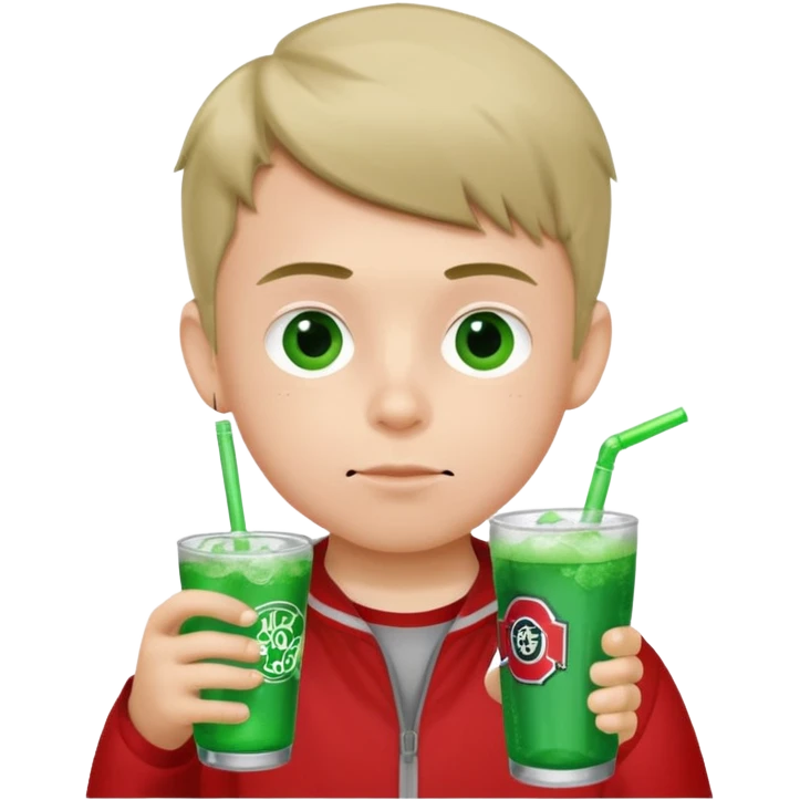 A boy wearing Ohio state clothes drinking a green soda emoji
