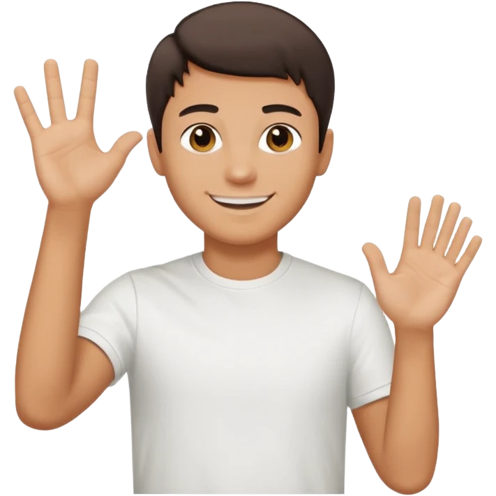 joven bronceado medio pelon oscuro muy cortito polera blanca sonrisa bonita saludando mano arriba emoji