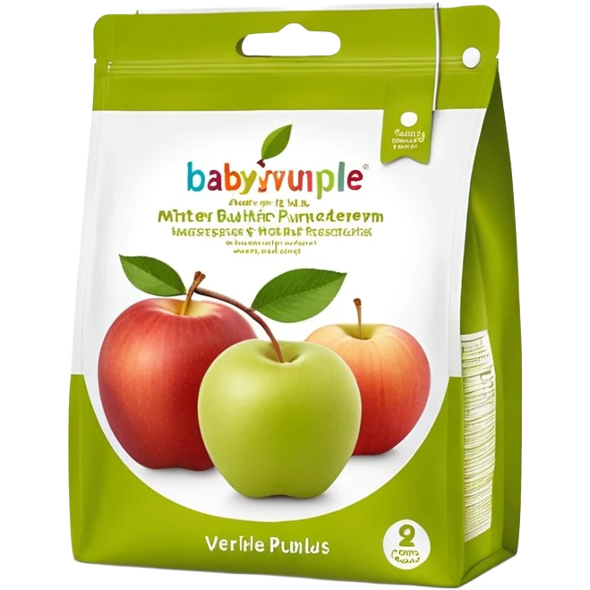 Ein weicher, bunter Standbeutel für Kinder, gefüllt mit püriertem Obstmus. Oben hat er einen kleinen wiederverschließbaren Schraubverschluss, aus dem Kinder direkt trinken oder saugen. Verpackung wie Babynahrung-Beutel aus dem Supermarkt, mit fröhlichem Obst-Design (Apfel, Banane, Erdbeere). emoji