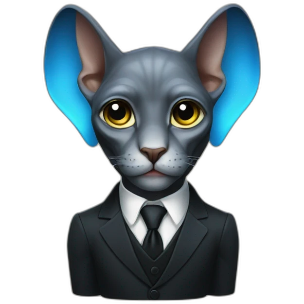 dark grey sphinx with bright blue eyes wearing black suit, calling on banana as phone, portrait emoji