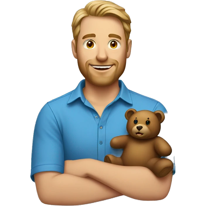 blue shirt portrait of man holding bear emoji