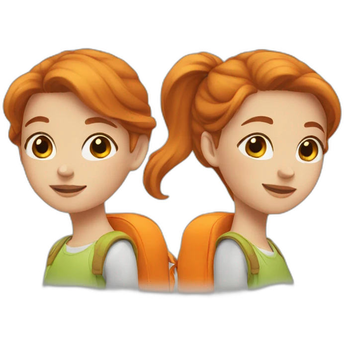 two young girls, one with brown hair and two orange hair emoji