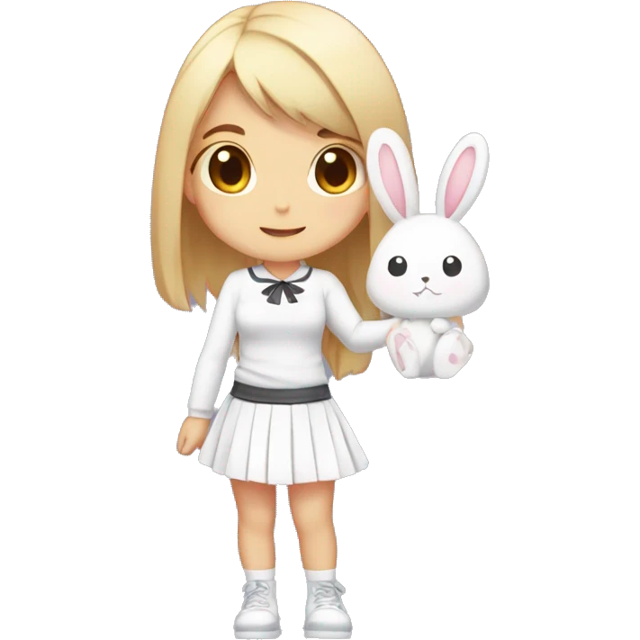 /anime, A chibi female girl with long hair in a ponytail holding a sign saying "Hi" Wearing a kawaii skirt and white kawaii top with a bunny hairclip emoji