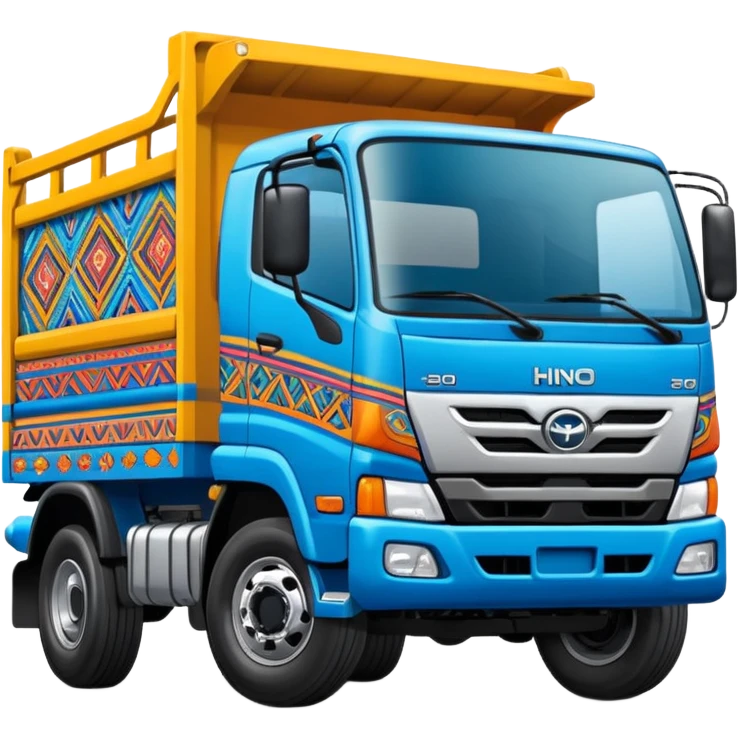 Emoji style illustration of a Hino 500 truck, colorful Peruvian decorative truck art, bright blue body, Andean patterns and vibrant painted details, bold outlines, flat vector style, clean shading, sticker design, centered, white or transparent background, high detail, cartoon style emoji