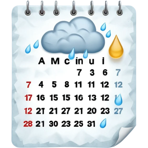 Minimalist emoji of a tilted, crumpled calendar page with faint, incomplete checklist marks, a small rain cloud dripping above it, and a dim, muted colour palette to symbolise a productivity slump and lost discipline. Flat vector style, soft shadows, transparent background emoji