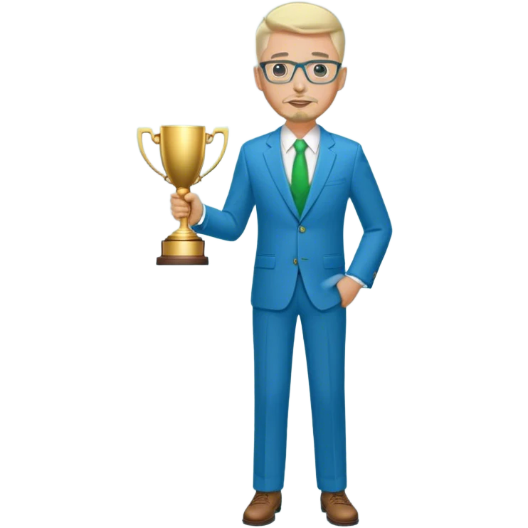 Full Body white fat male  wearing glasses with a goatee with light blonde gray very short hair basketball head Coach in blue and green suit holding trophy emoji