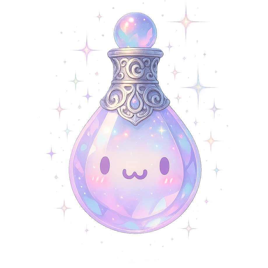 luxurious crystal elixir bottle in the shape of a drop with a cute 'UwU' face, pastel color, ornate silver and iridescent details, magical glowing and sparkling effects, very small neck, seamless bottom, transparent background, bottle clearly floating in air, no base or shadow, modern, collection style emoji