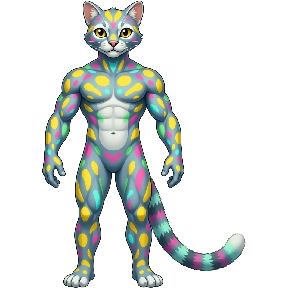 randomly neon colored randomly marked Civet-Mankeulv-Vernid-hybrid emoji