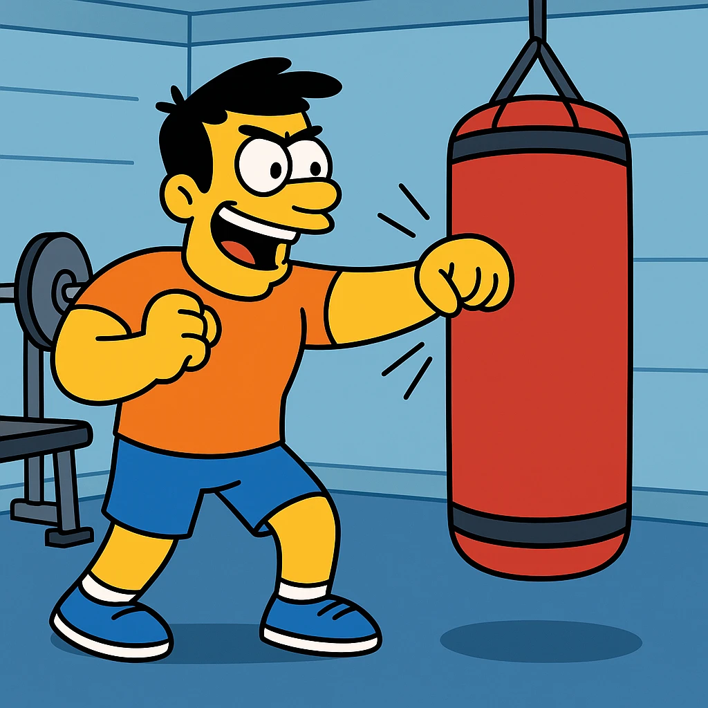 Hit a punching bag – to punch a padded bag for exercise or stress relief.
He went to the gym to hit a punching bag and blow off steam. Background Gym
 emoji
