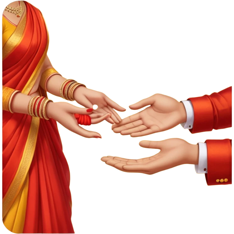 Two hands in a engagement..One hand of groom and one hand of bride. Bride hand - red/yellow saree. groom- light orange punjabi (oonly hands will be visible in the image) emoji