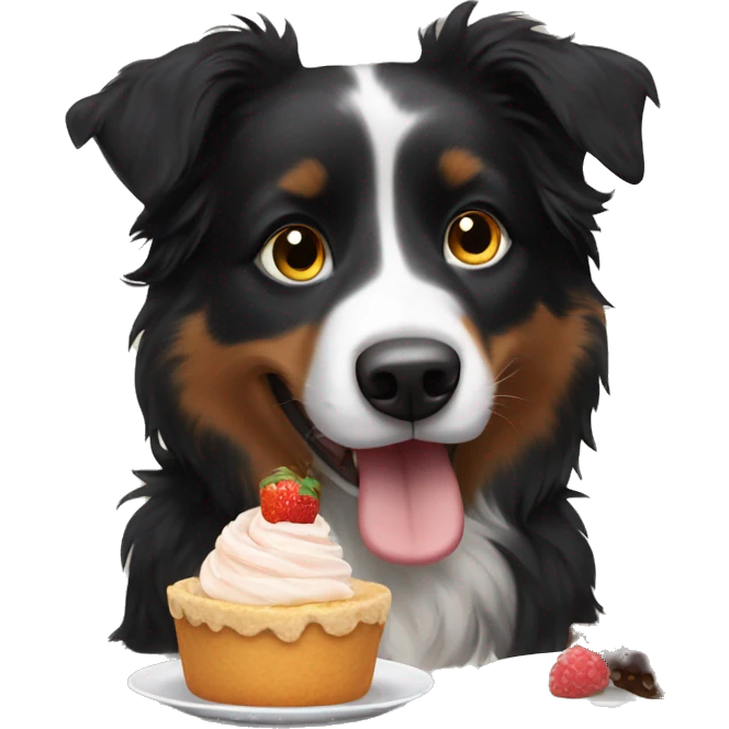Small black australian shepherd dog eating dessert  emoji