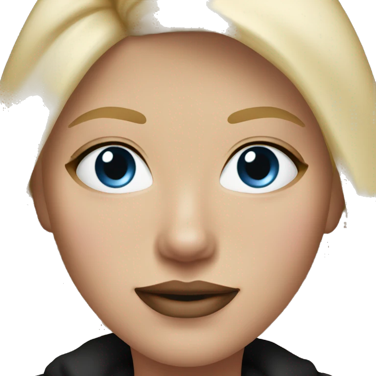 a woman with freckles, blue eyes, light skin, blonde hair and dark roots, pink lips. black clothes. emoji