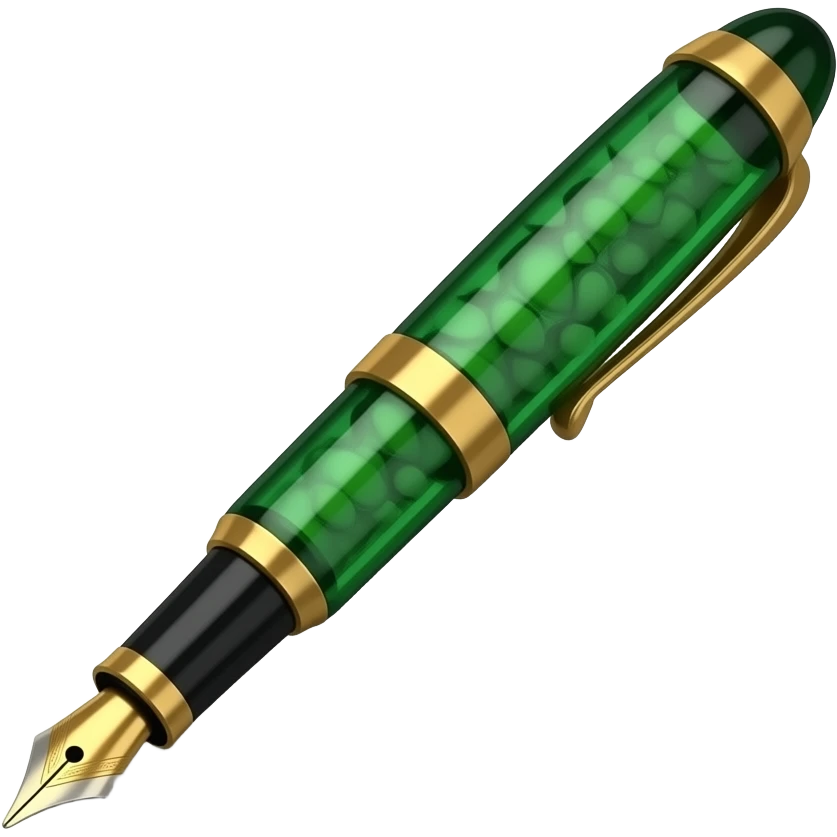 3D isometric fountain pen icon, gold nib, emerald chamber.
Minimalist professional style, emerald green & gold accents.
Soft studio lighting, 8k Octane render, ray-tracing detail.
Isolated on white background, premium literary aesthetic --v 6.0 emoji