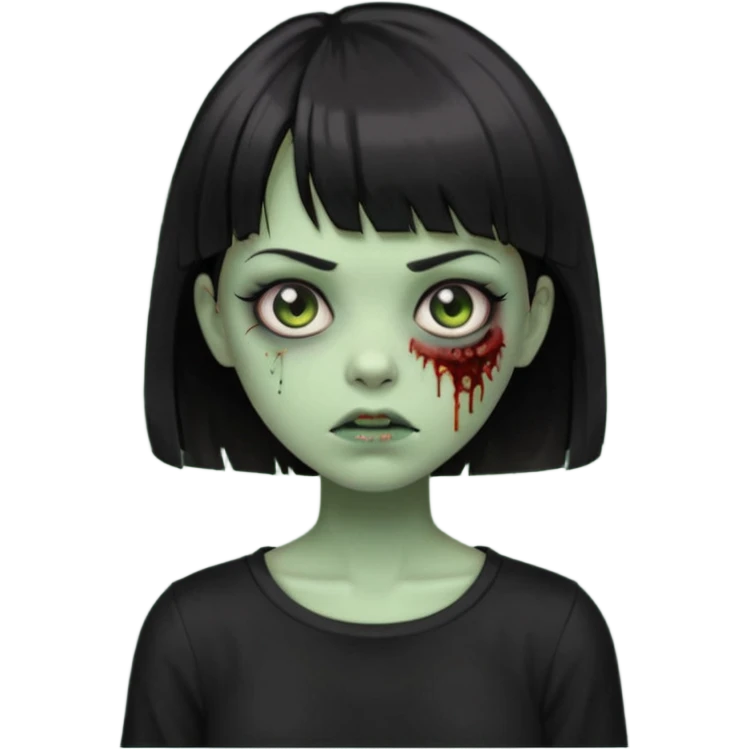 Zombie girl emoji verde com cabelo curto liso preto no ombro e franja na altura da sobrancelha com uma blusa preta emoji