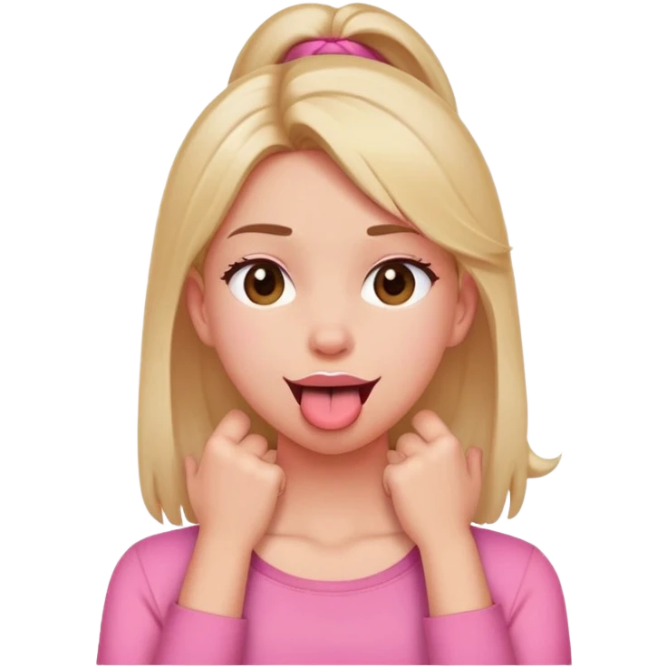 A girl with hands crossed on her neck and tongue out pink shirt emoji