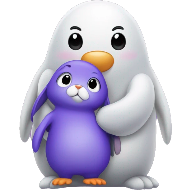 Purple bunny with floppy ears hugging a penguin emoji