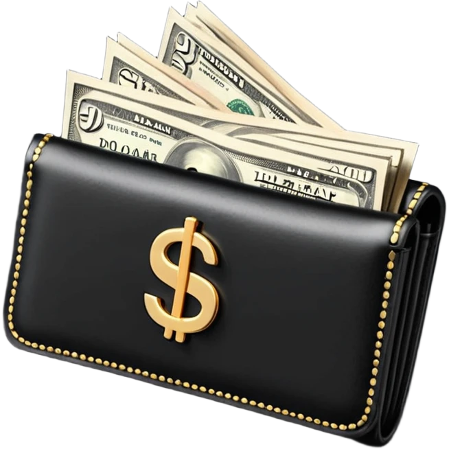 Rich emoji style black leather wallet with dollar bills, luxury money vibe, premium 3D emoji, ultra clean, high detail, no background
 emoji