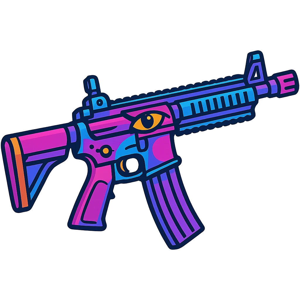 M416 assault rifle with Maskara skin, blue and purple highlights, energetic, cartoon style emoji
