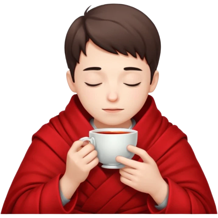 A European boy is sitting wrapped in a red blanket, drinking tea with his eyes closed. emoji
