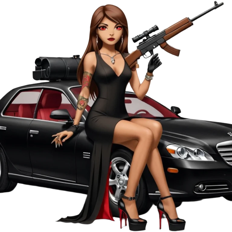 Lilith tan skin female red eyes symbol. Tattoo arms. Her hair is brown straight long hair.wearing sexy long sexy Chanel dress with slit. black stiletto thick platform high heels shoes on. Sitting on giant luxury car with cash inside . She is holding a sniper rifle in one hand cash in other hand emoji