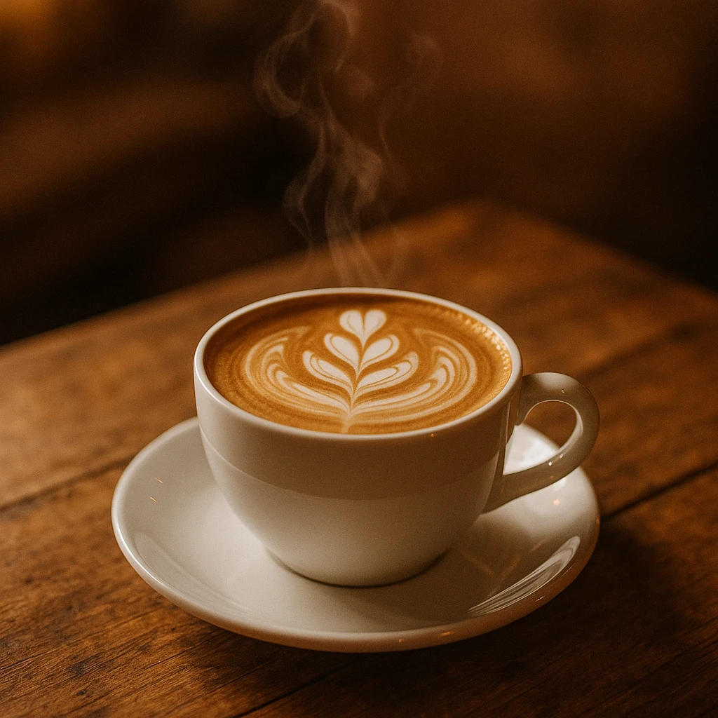 a steaming cup of coffee with latte art emoji