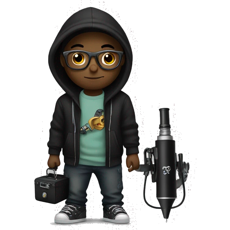 black cap, black hoodie and glasses boy  holding an tattoo machine emoji