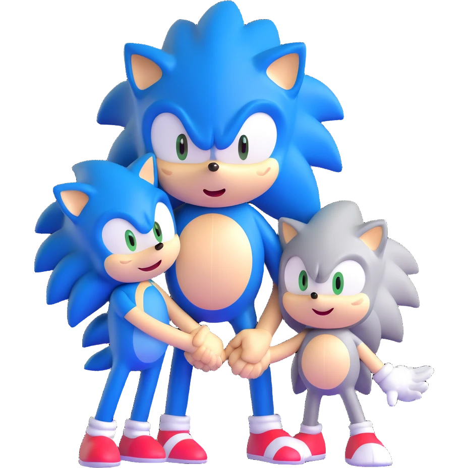Sonic the Hedgehog, baby Sonic, and Silver the Hedgehog holding hands together emoji
