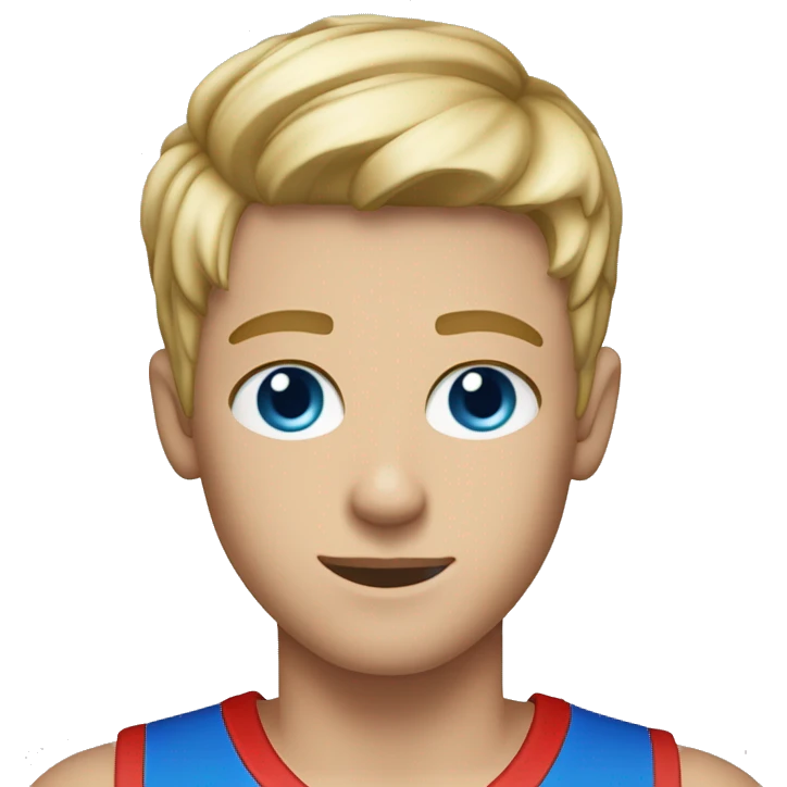 A drummer in a red basketball top, blonde highlighted hair, blue eyes and he’s 15 years old  emoji