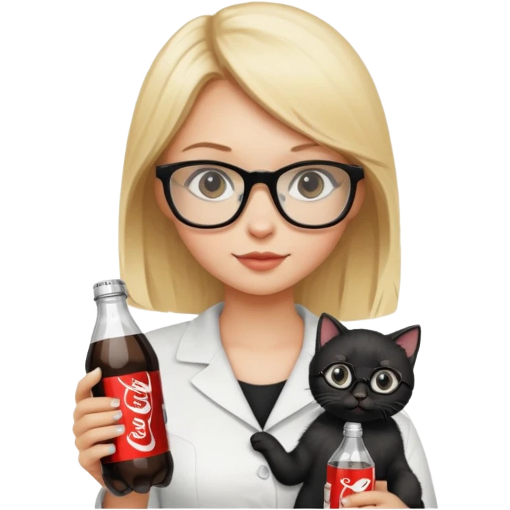 Beautiful blonde girl with glasses holding a black kitten in one hand and Diet Coke bottle in the other  emoji