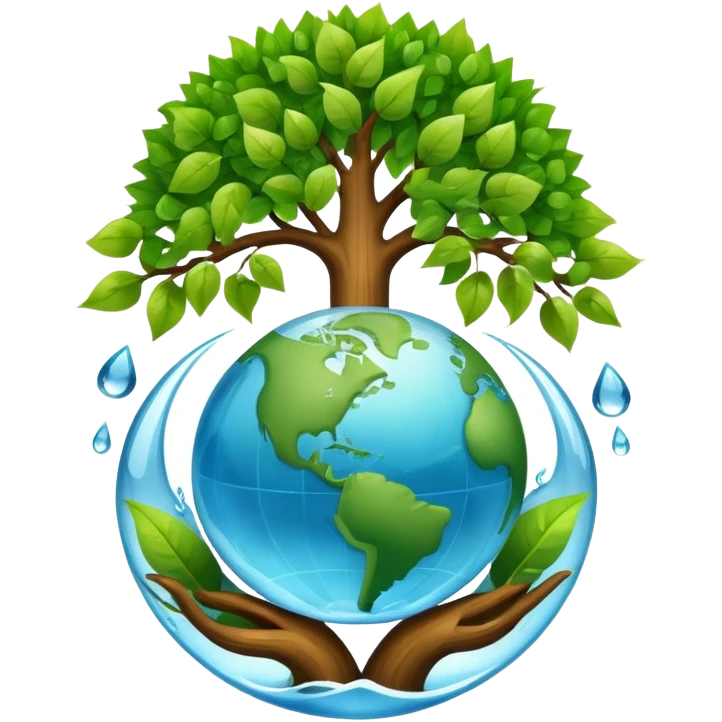 An icon featuring a tree, a recycling symbol, and a globe, representing ecology. The design includes green leaves, a water droplet, and wildlife, symbolizing the study of ecosystems, sustainability, and environmental protection. Transparent background. emoji