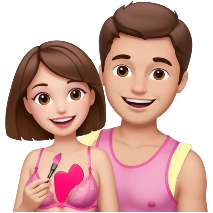 brown hair male getting sissified in pink lingerie dress by his wife. the wife is crying with laughter. she is doing makeup emoji