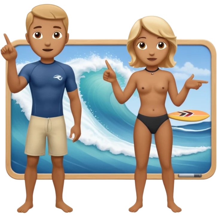 icon of a surf instructor teaching, pointing to a whiteboard with a wave in the center. Below the board are two avatars with their backs turned, looking at the board. emoji