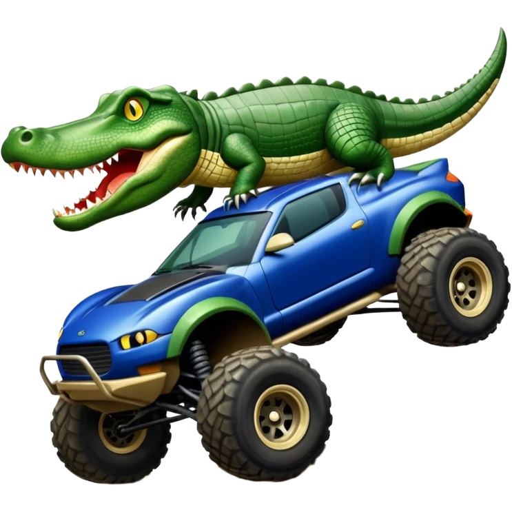 Dirty Joke’s Midnight-blue Local Motors Rally Fighter off road race car being driven by a five foot tall alligator over a dirt ramp  emoji