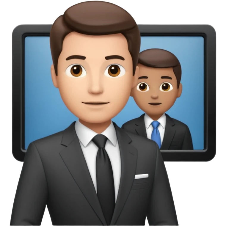 a male news anchor sits, with a screen with a prompter in front of him emoji