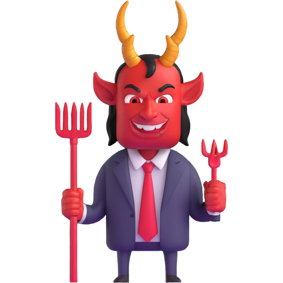 devil businessman with horns and pitchfork selling online courses emoji