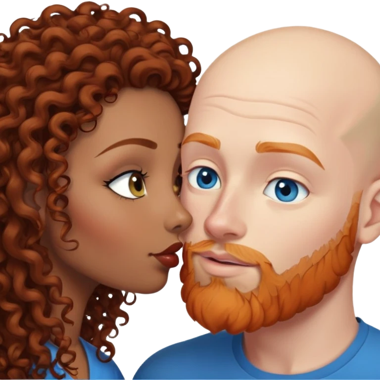Bald white male with ginger beard and blue eyes kissing indian brown woman with jet black curly hair emoji