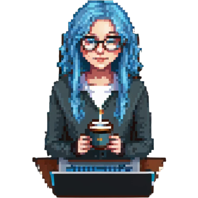 A girl with blonde hair and blue hair wearing glasses holds a laptop and a glass of coffee emoji
