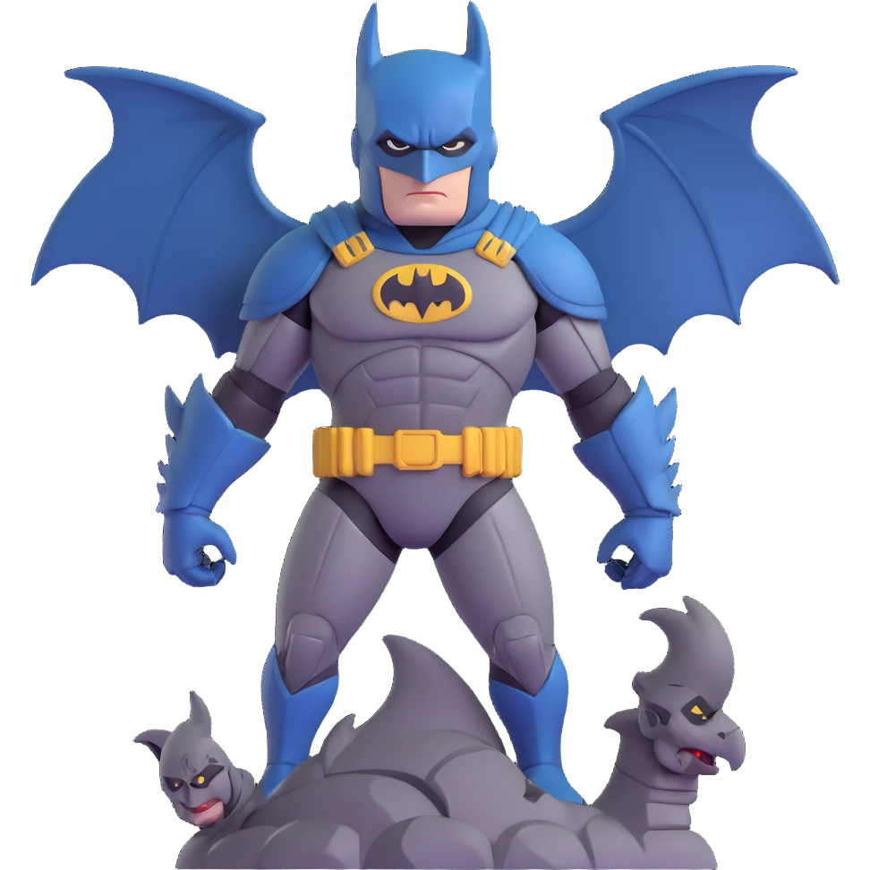 Batman in tactical armor suit with pointed ears, standing on gargoyle emoji