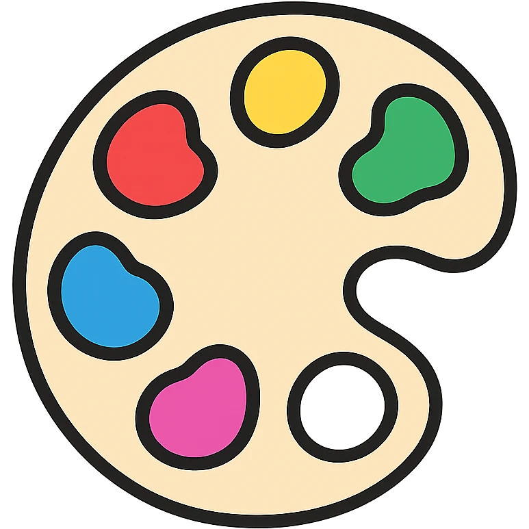 Colorful artist's palette with vibrant paint blobs and a thumb hole. Colorful outlined icon style with transparent background. emoji